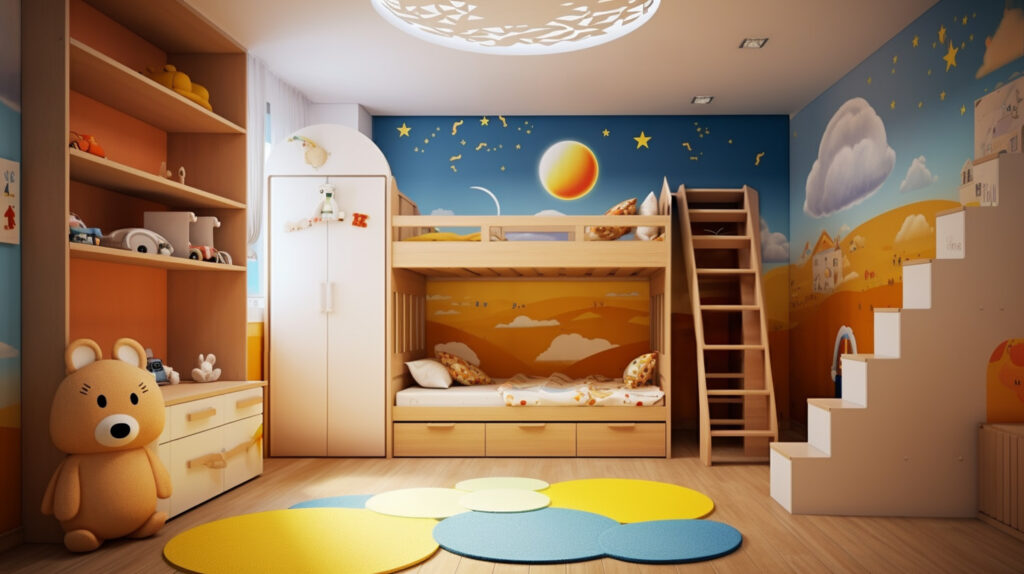 pokój dziecięcy z obrazami księżyca i gwiazd, jasnopomarańczowy i żółty, kolorowy styl kreskówkowy, jasny beż i błękit, monumentalne murale, drewno.