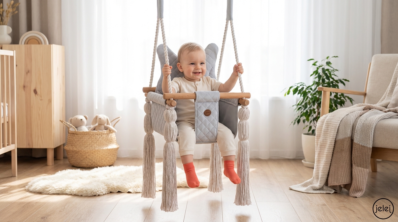 HooHoo Huśtawka Dla Dzieci Szara in use